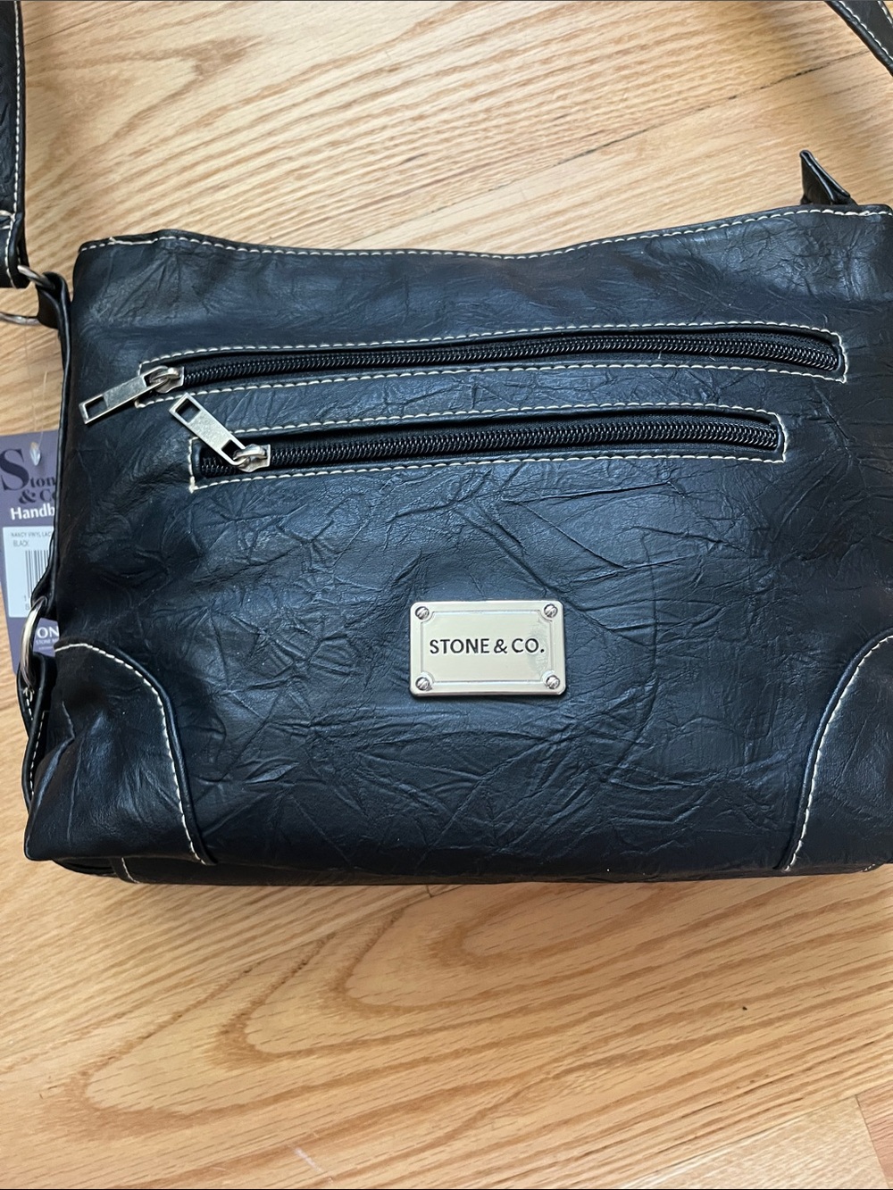 Stone & Co. Black Faux-Leather Shoulder Bag with Silver Hardware